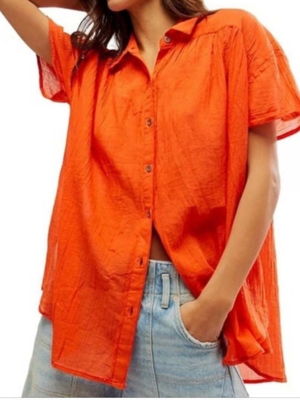 Free People Float Away Shirt Relaxed 100% Cotton Orange Size Medium